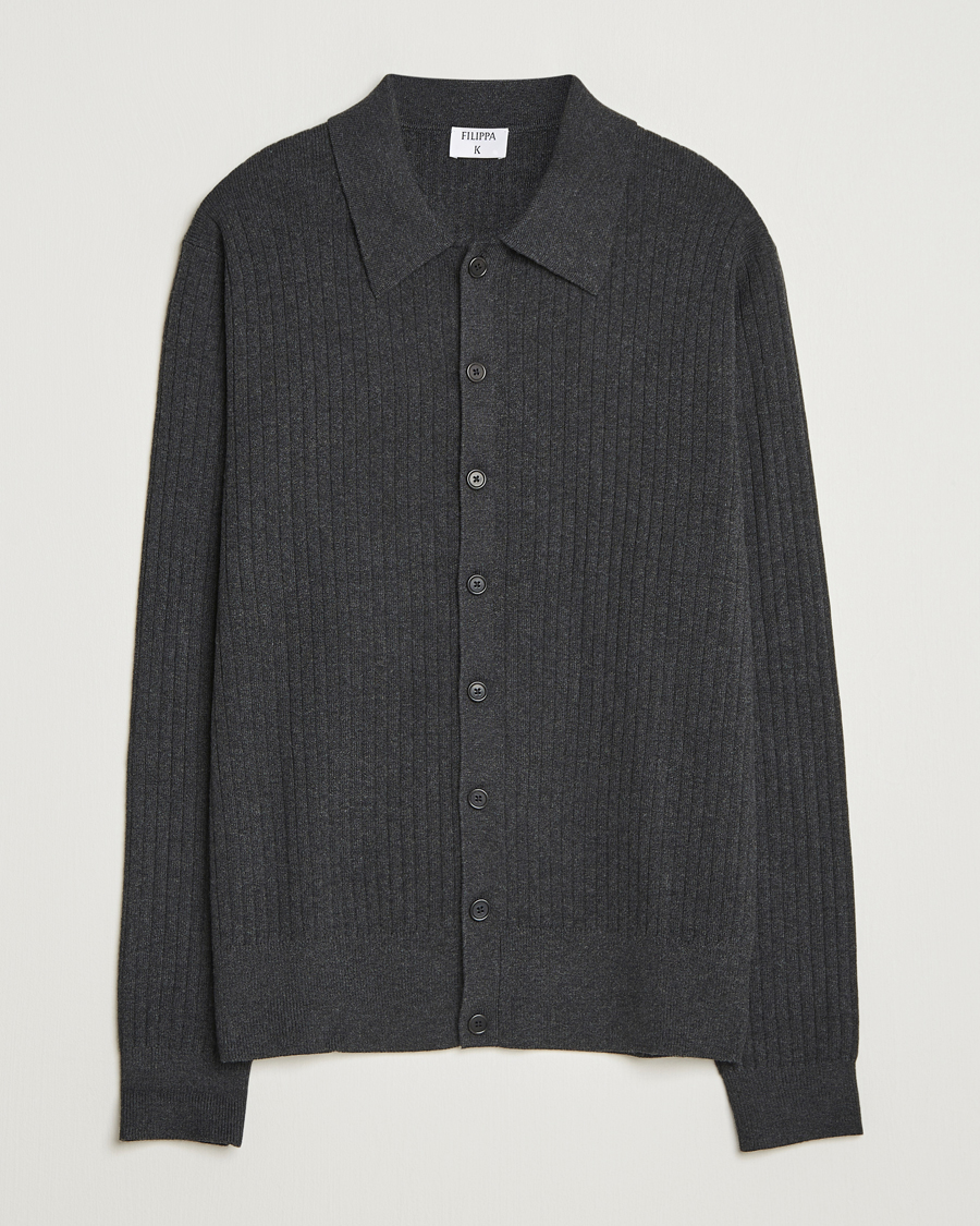 Men | Sweaters & Knitwear | Filippa K | Cotton Merino Knitted Cardigan Anthracite Melange