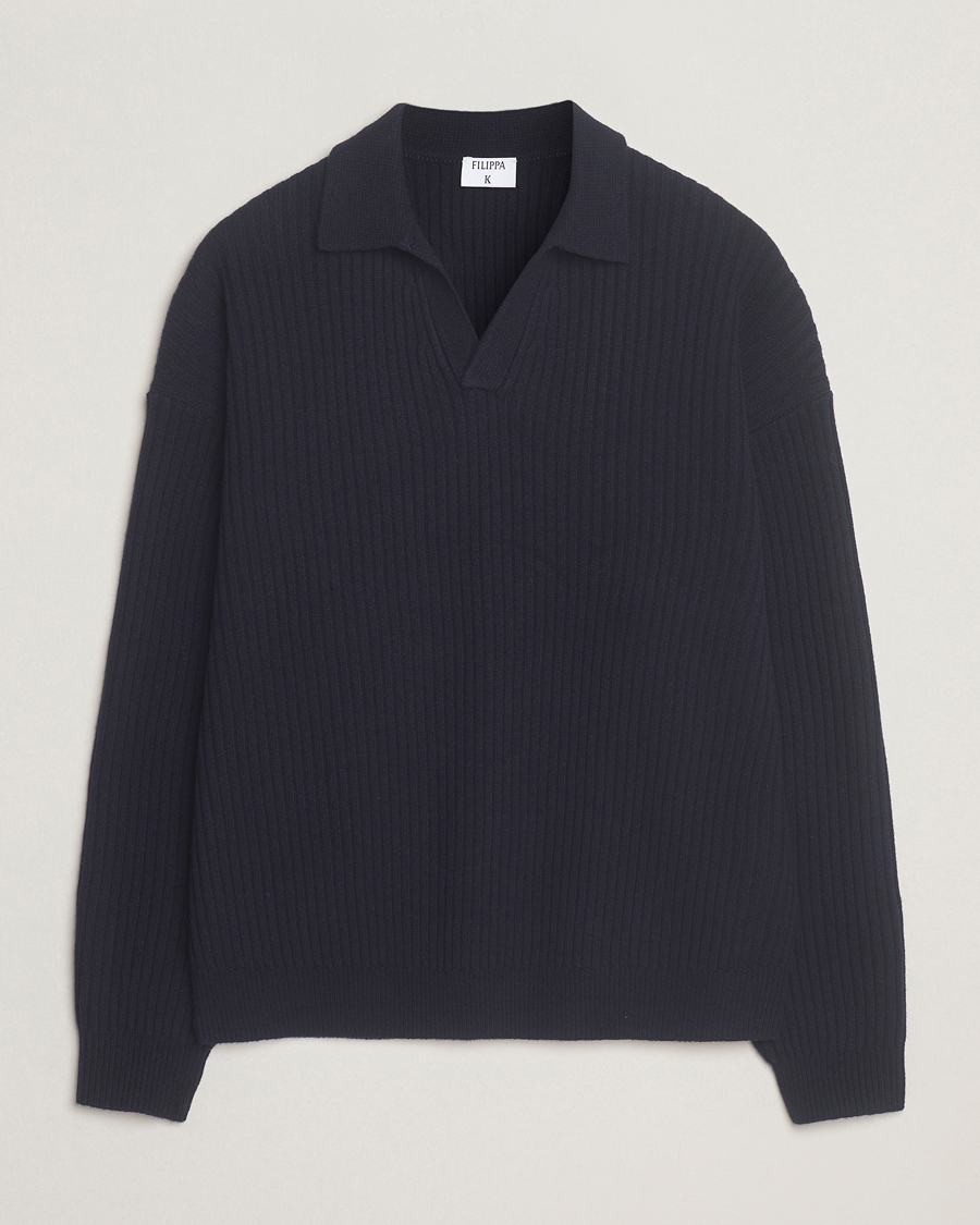 Men | Sweaters & Knitwear | Filippa K | Ribbed Wool Polo Shirt Navy