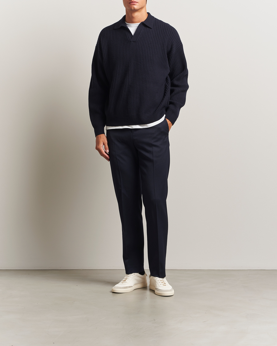 Men | Sweaters & Knitwear | Filippa K | Ribbed Wool Polo Shirt Navy