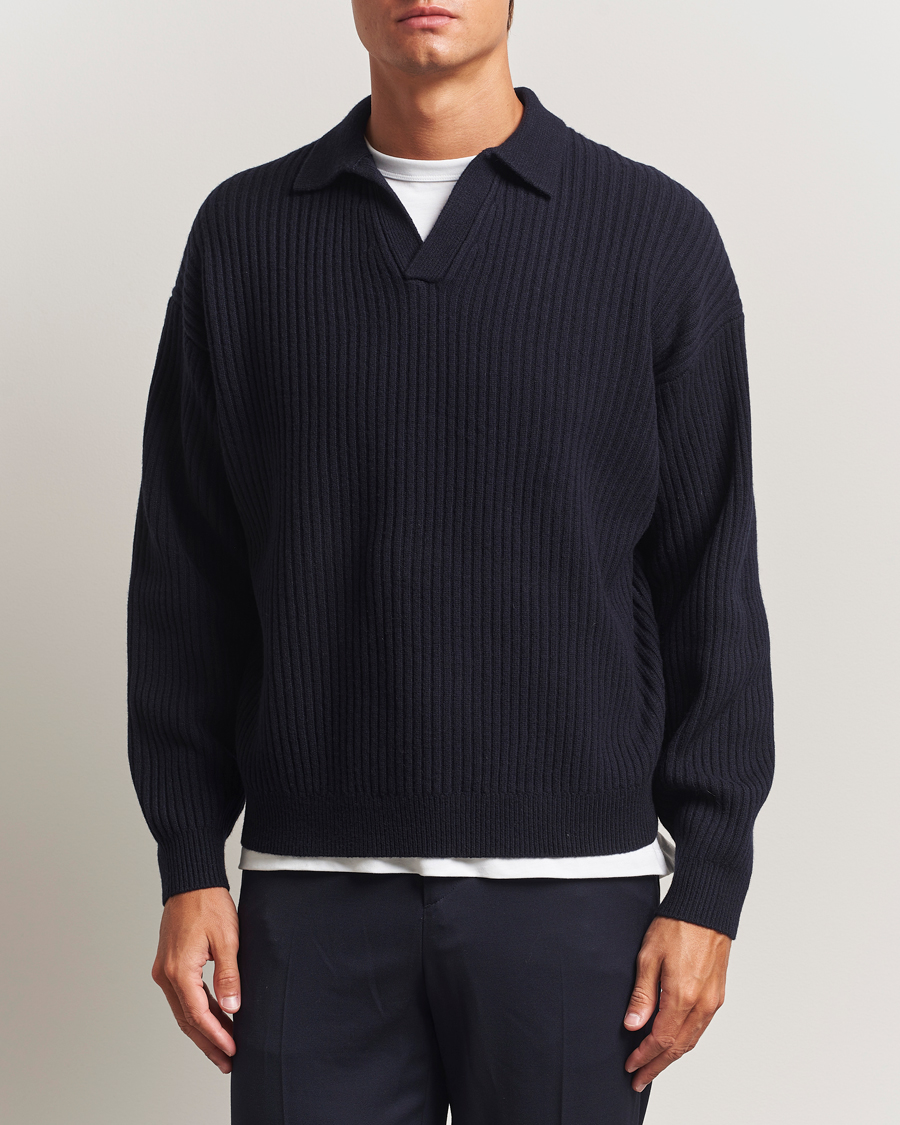 Men | Sweaters & Knitwear | Filippa K | Ribbed Wool Polo Shirt Navy