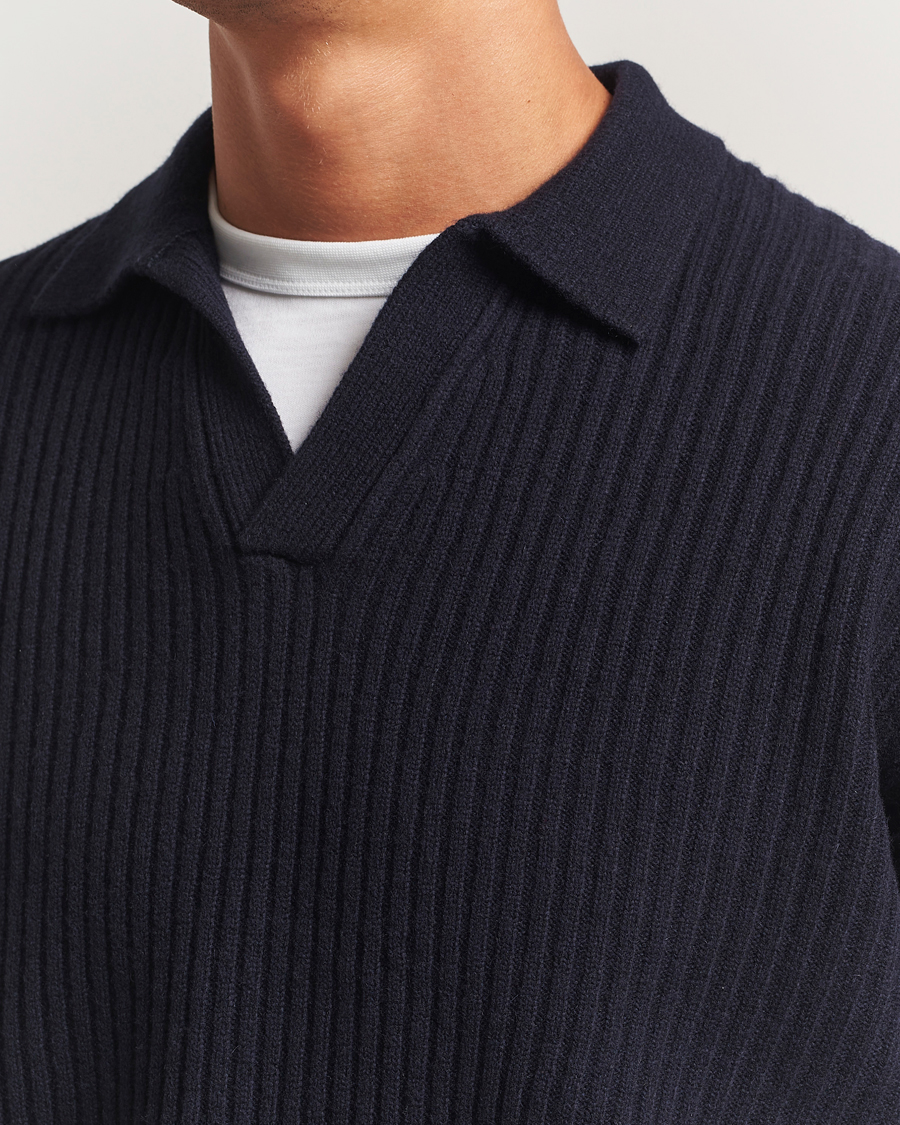 Men | Sweaters & Knitwear | Filippa K | Ribbed Wool Polo Shirt Navy