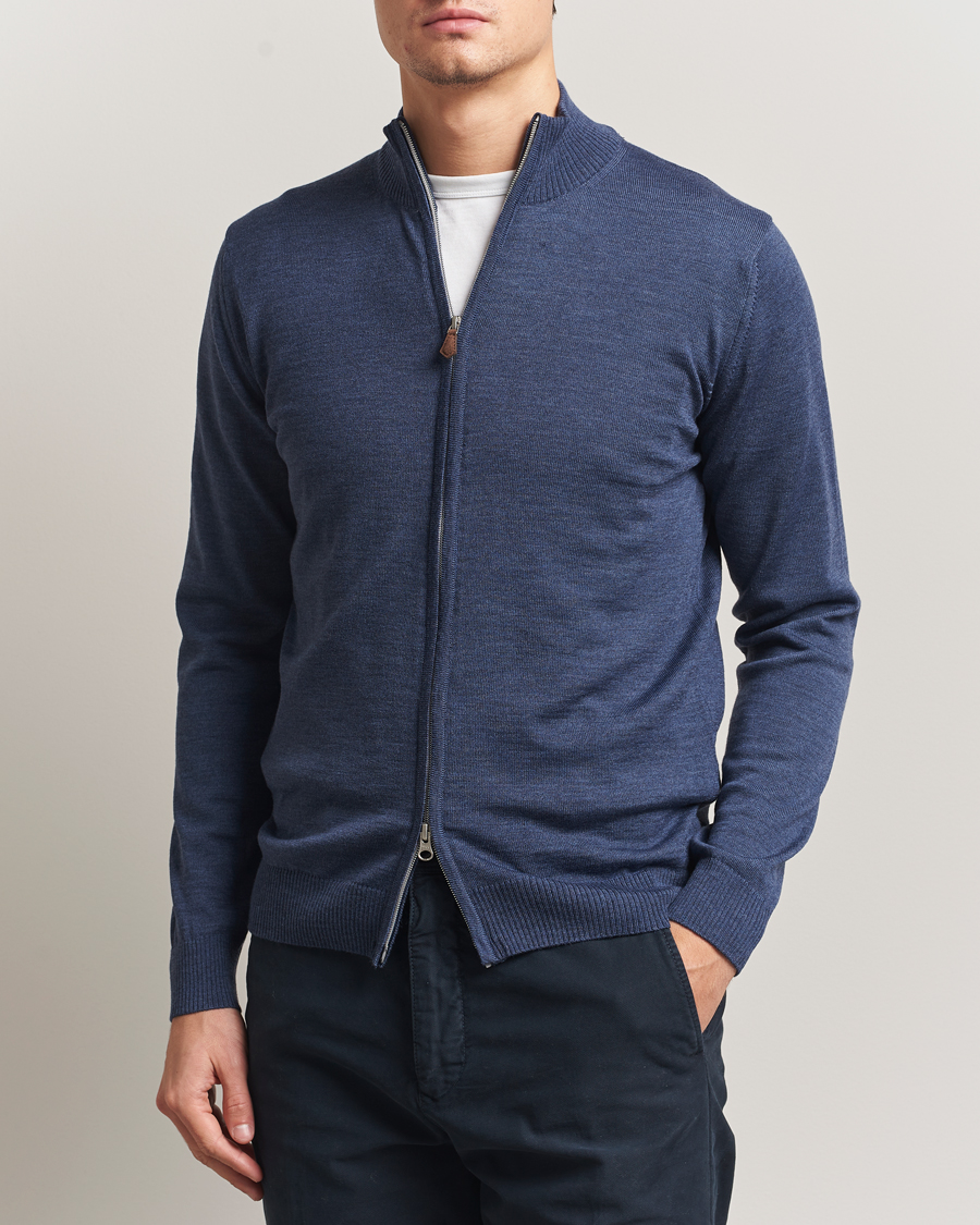 Men | Sweaters & Knitwear | Stenströms | Merino Full Zip Denim Blue
