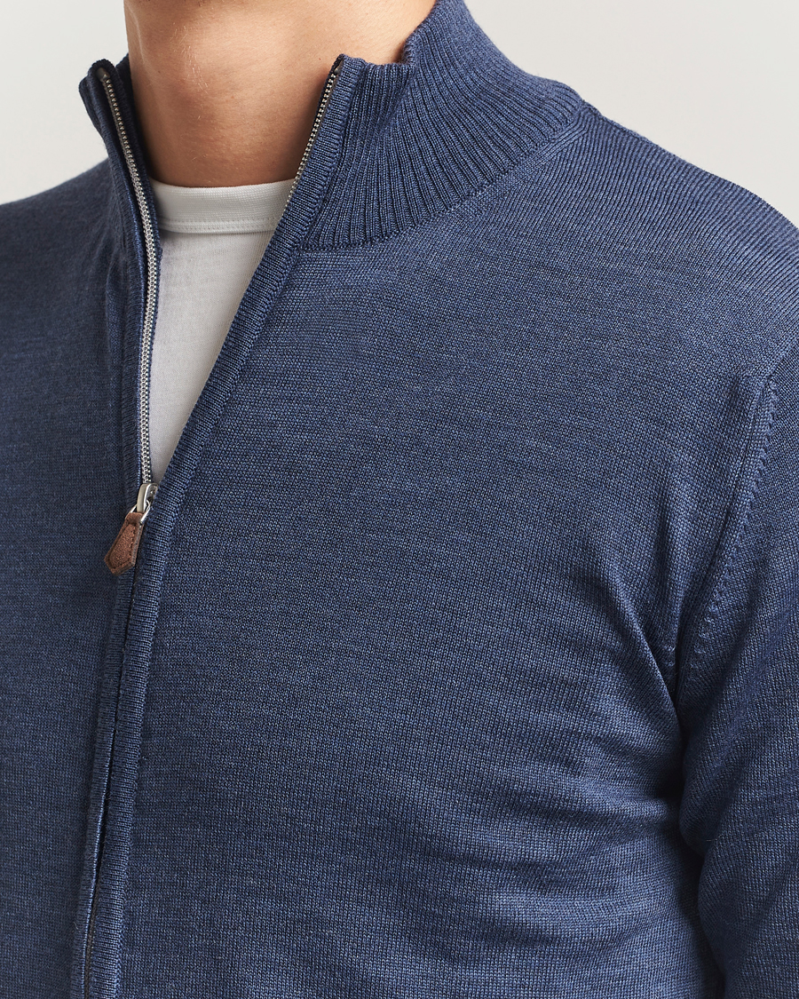 Men | Sweaters & Knitwear | Stenströms | Merino Full Zip Denim Blue