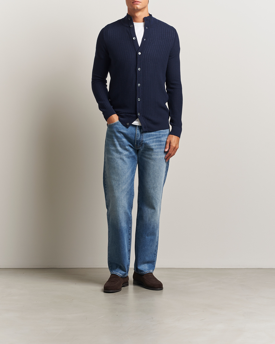 Men | Sweaters & Knitwear | Stenströms | Knitted Structure Cardigan Navy
