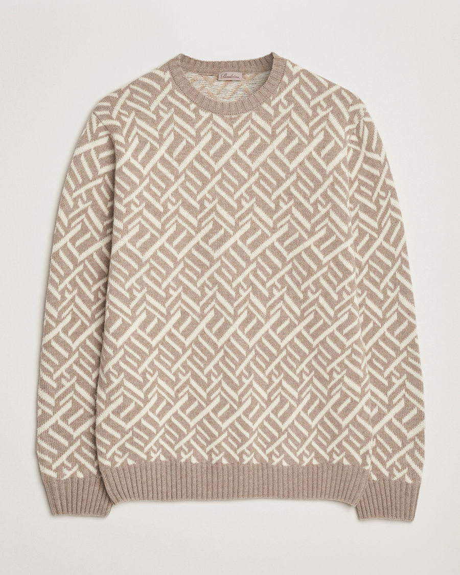 Men | Sweaters & Knitwear | Stenströms | Brushed Merino Vintage Pattern Crew Neck White/Brown