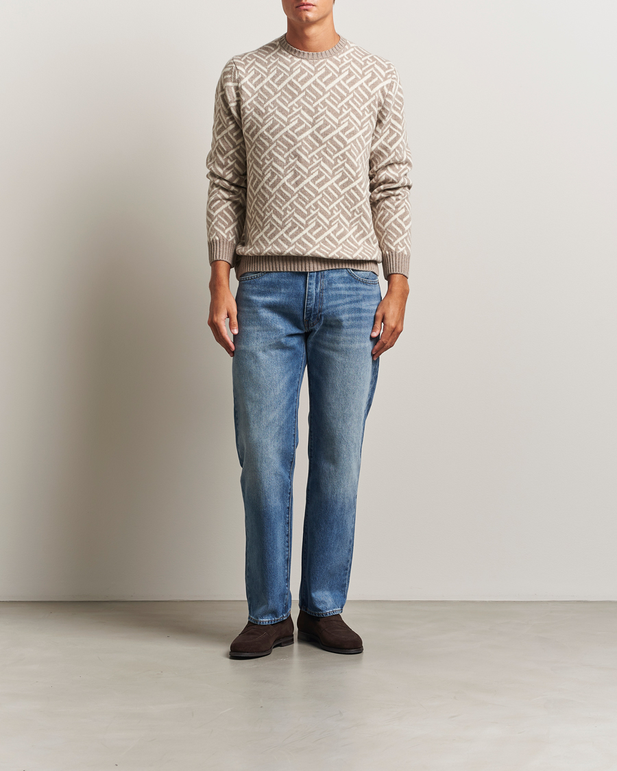 Men | Sweaters & Knitwear | Stenströms | Brushed Merino Vintage Pattern Crew Neck White/Brown