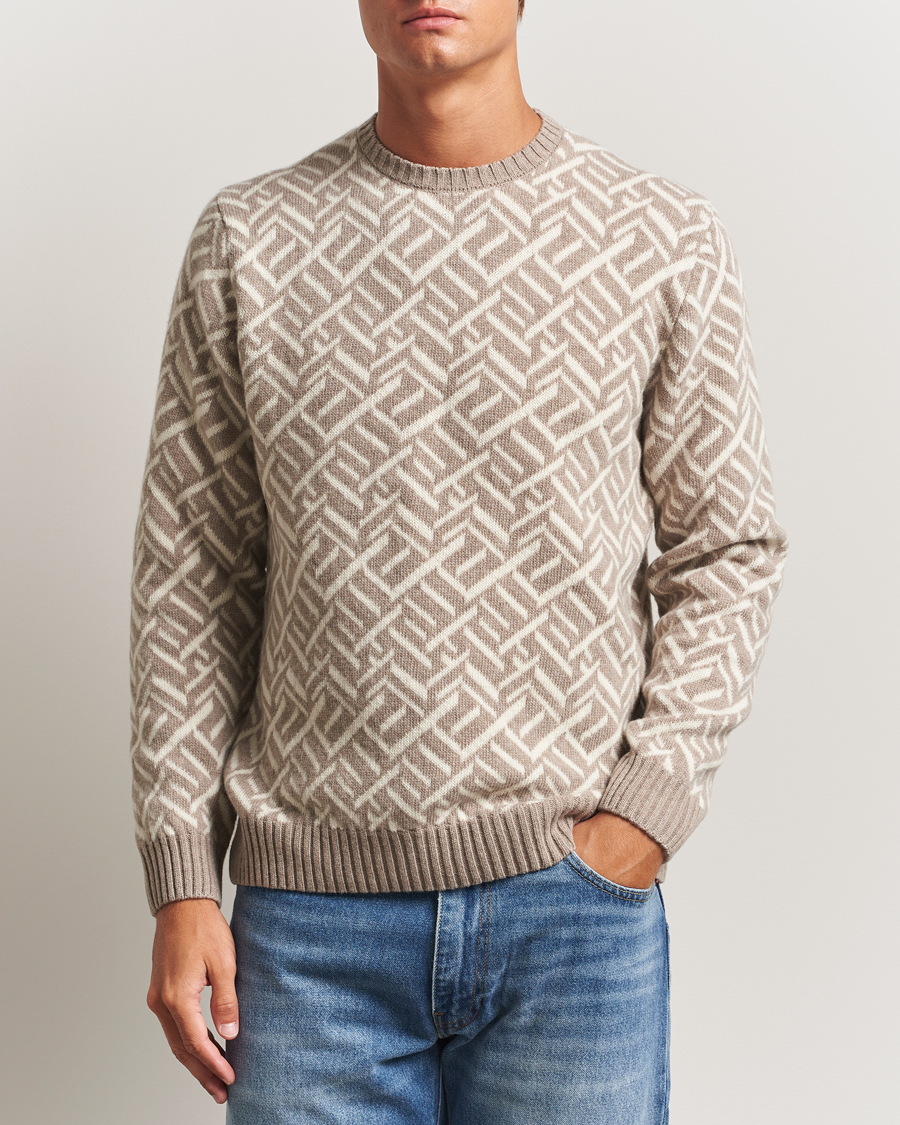 Men | Sweaters & Knitwear | Stenströms | Brushed Merino Vintage Pattern Crew Neck White/Brown