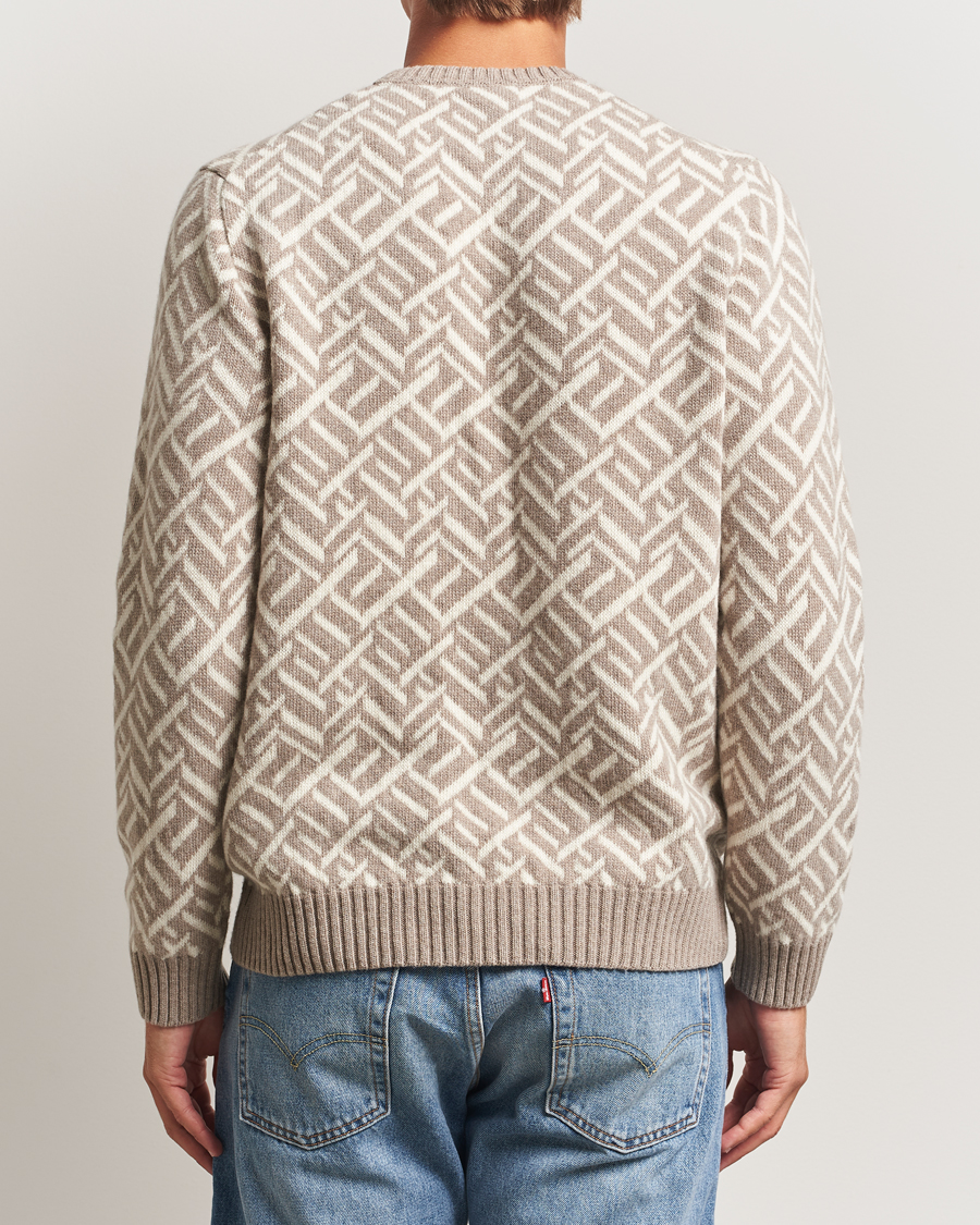 Men | Sweaters & Knitwear | Stenströms | Brushed Merino Vintage Pattern Crew Neck White/Brown