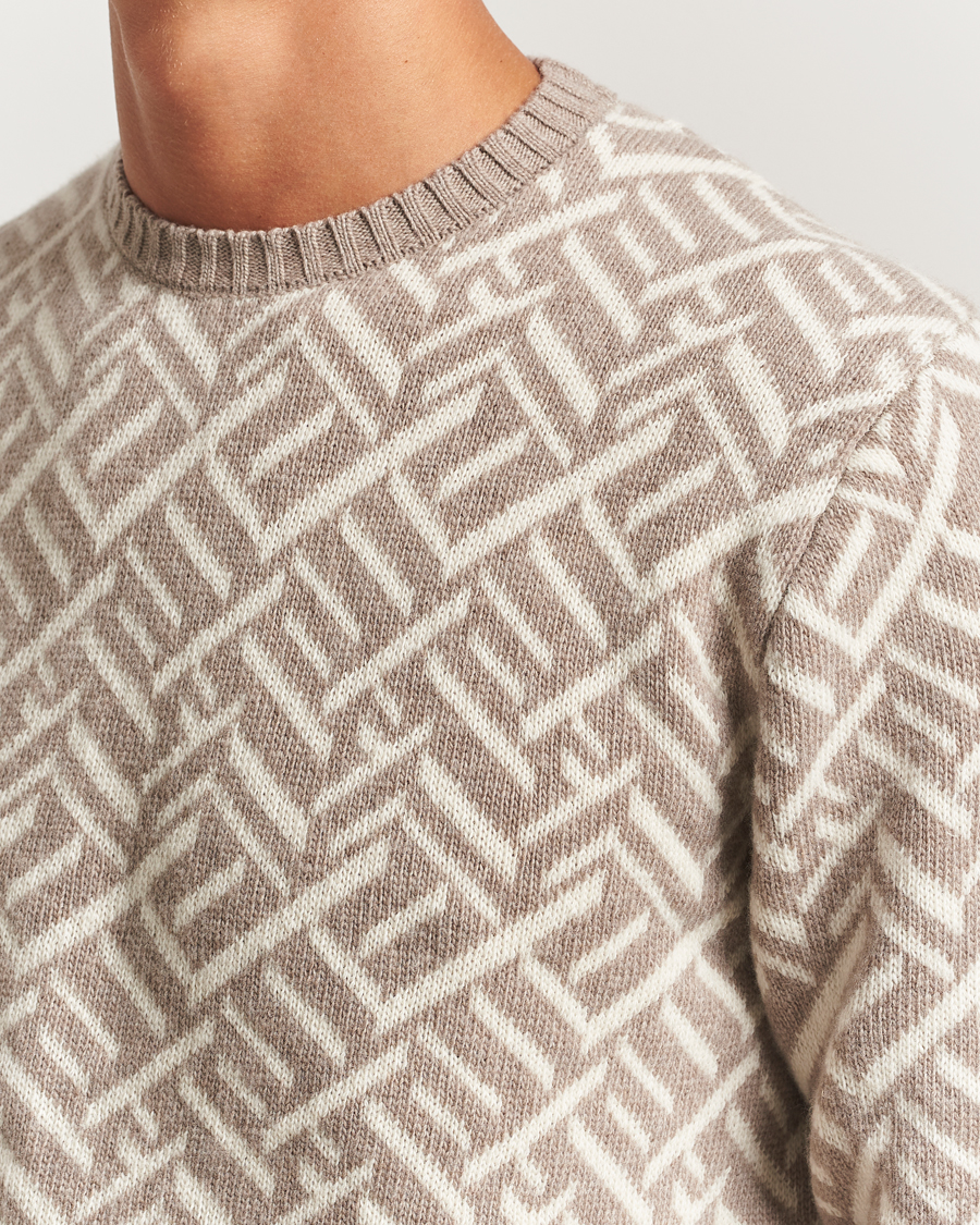 Men | Sweaters & Knitwear | Stenströms | Brushed Merino Vintage Pattern Crew Neck White/Brown