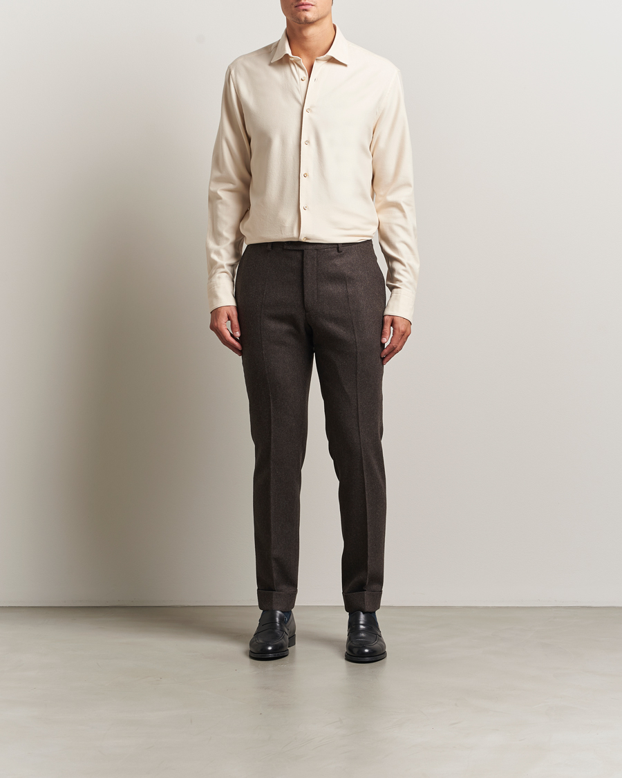 Men | Shirts | Stenströms | Regular Fit Cut Away Flannel Shirt Light Beige