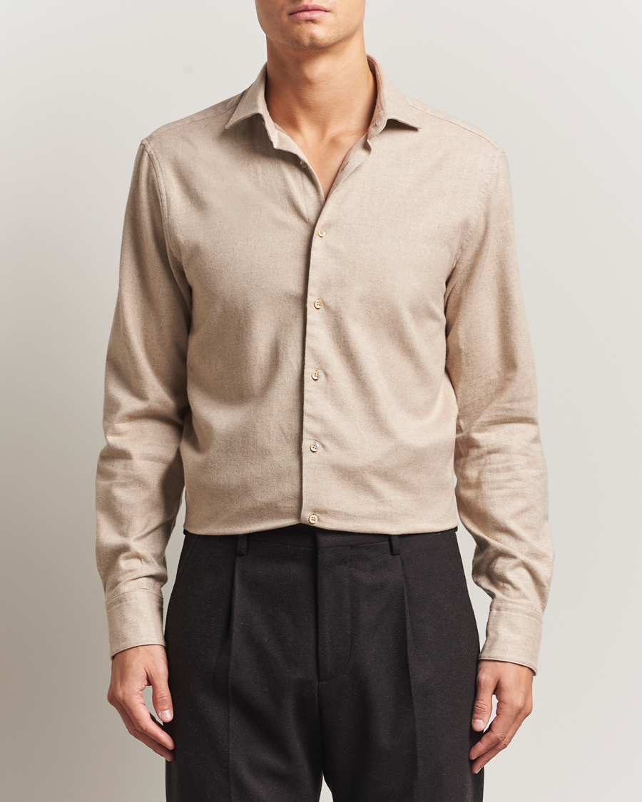 Men | Shirts | Stenströms | Regular Fit Cut Away Flannel Shirt Beige