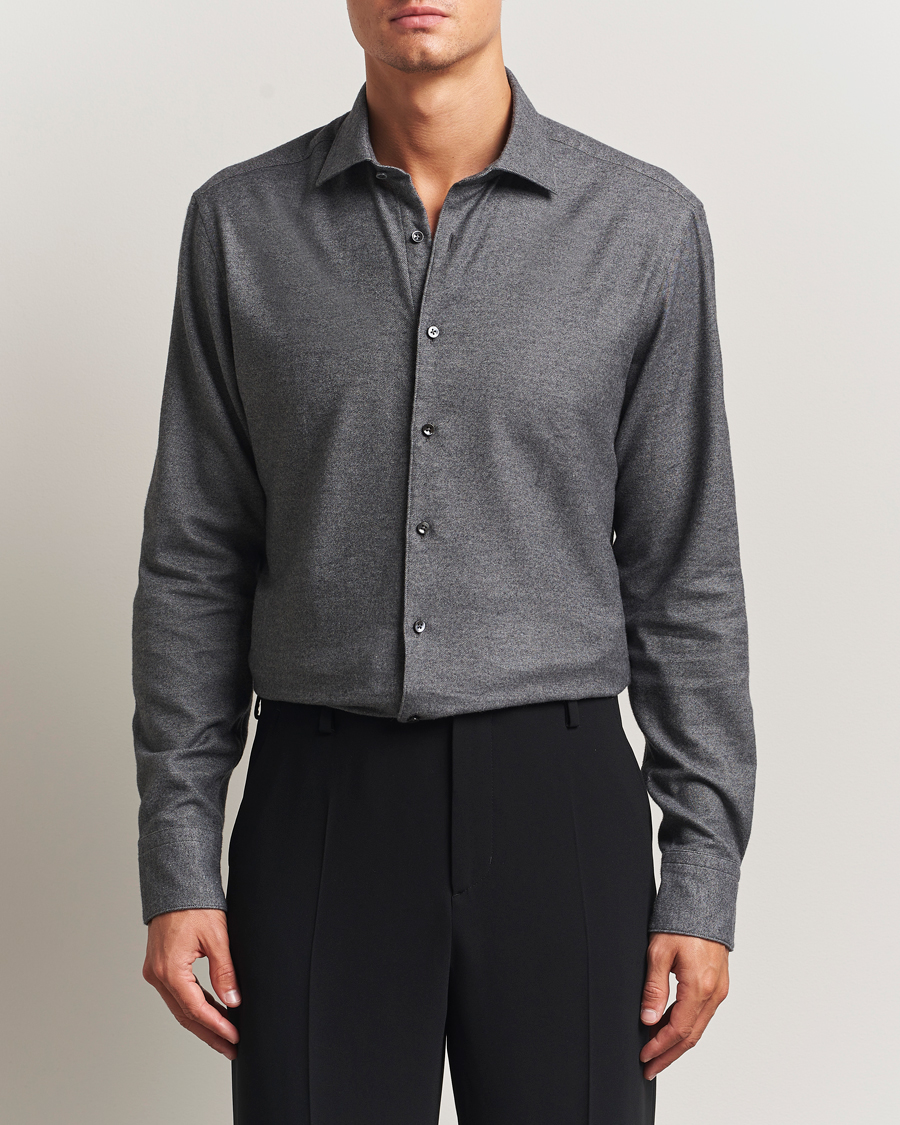 Men | Shirts | Stenströms | Regular Fit Cut Away Flannel Shirt Grey