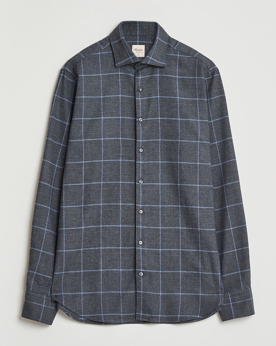 Men | Shirts | Stenströms | Regular Fit Overcheck Flannel Shirt Dark Grey