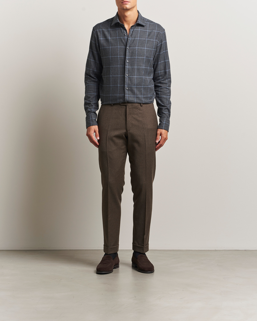 Men | Shirts | Stenströms | Regular Fit Overcheck Flannel Shirt Dark Grey