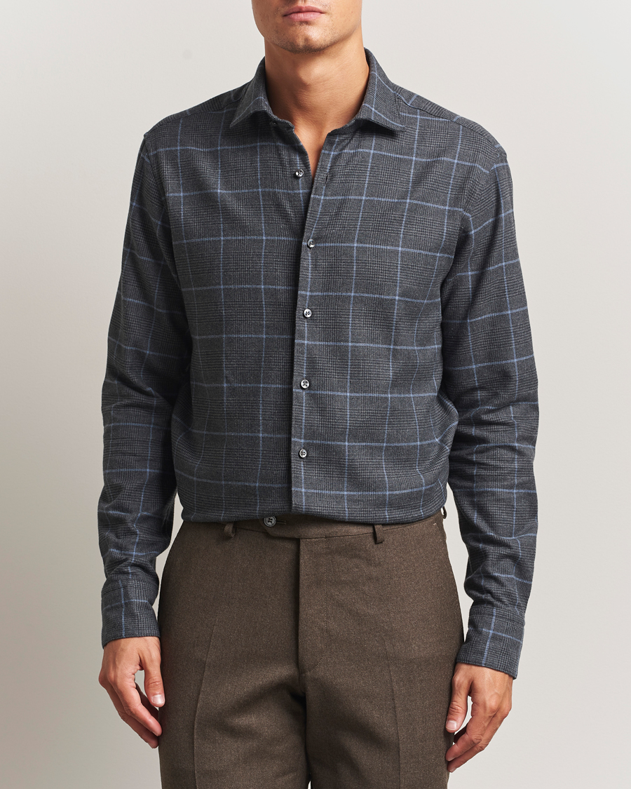 Men | Shirts | Stenströms | Regular Fit Overcheck Flannel Shirt Dark Grey