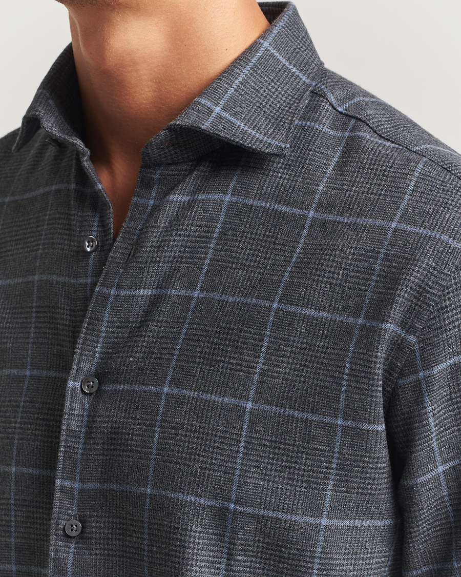 Men | Shirts | Stenströms | Regular Fit Overcheck Flannel Shirt Dark Grey