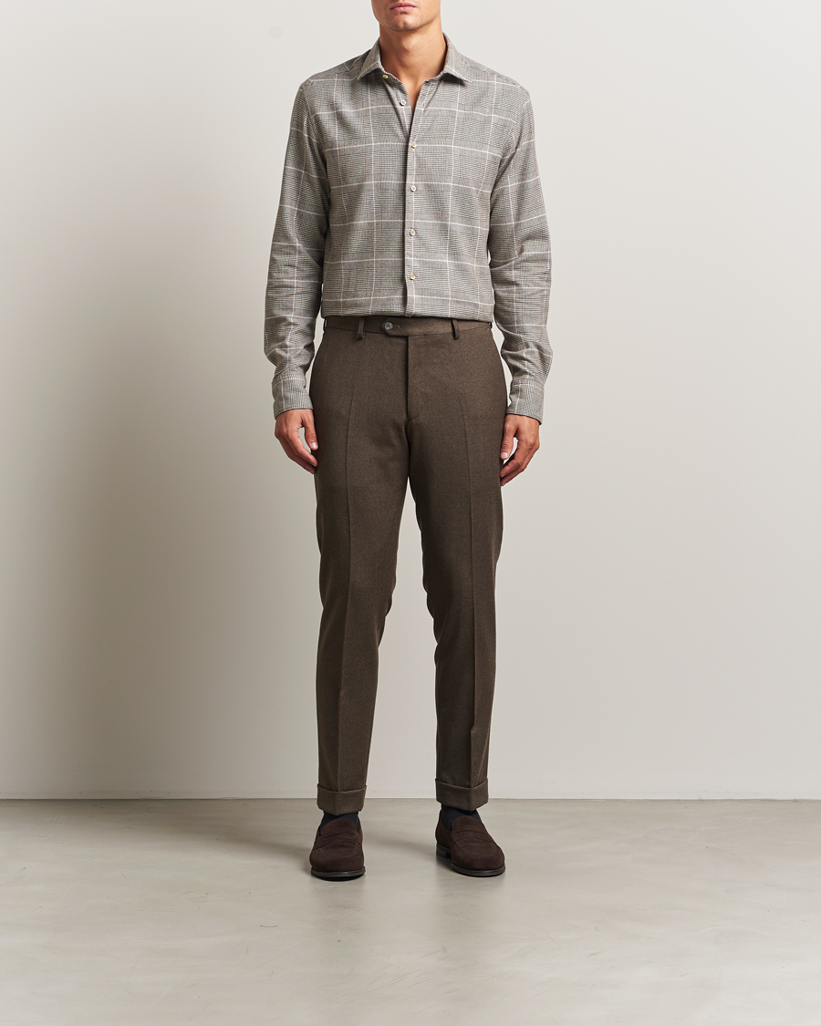 Men | Shirts | Stenströms | Regular Fit Glencheck Flannel Shirt Brown