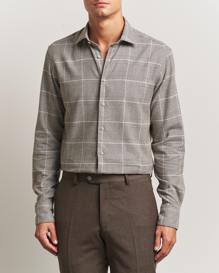 Men | Shirts | Stenströms | Regular Fit Glencheck Flannel Shirt Brown