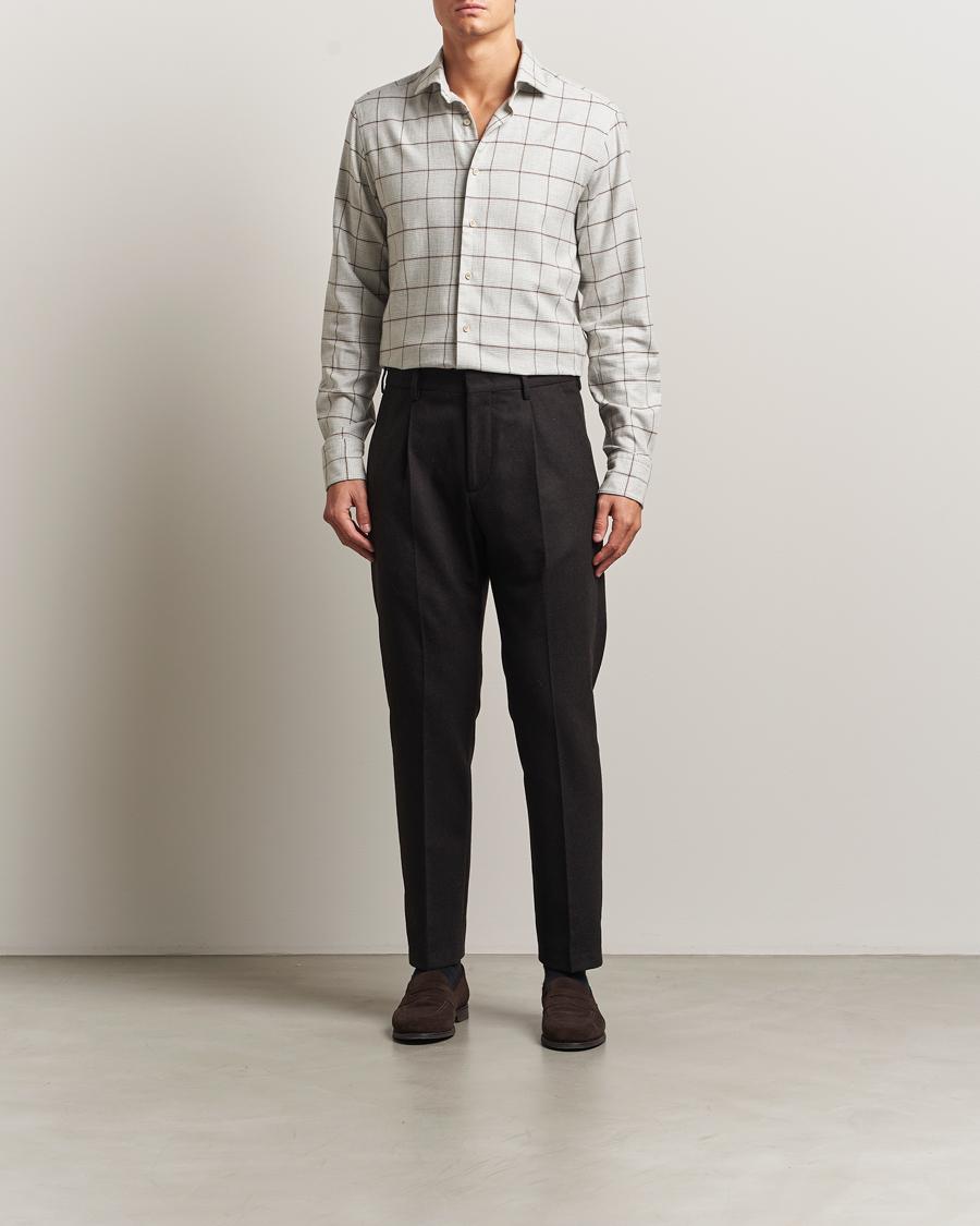 Men | Shirts | Stenströms | Regular Fit Overcheck Flannel Shirt Light Grey