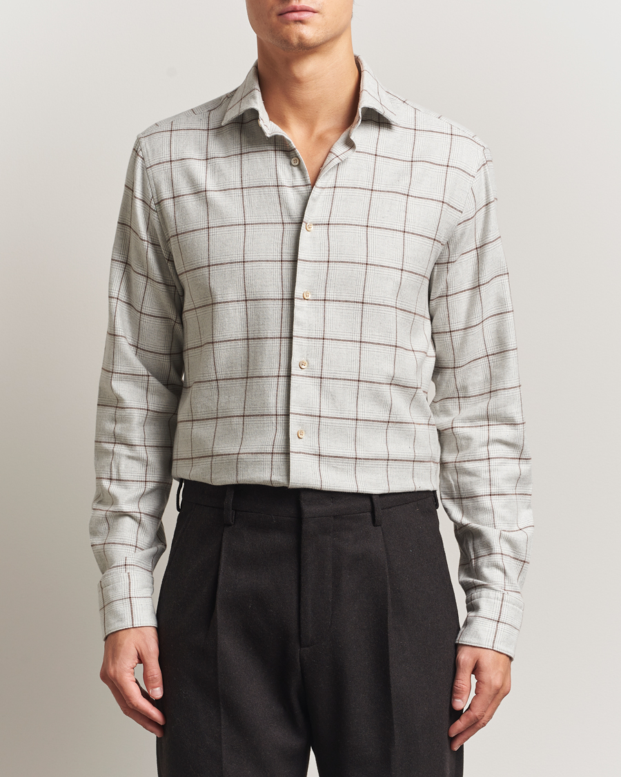 Men | Shirts | Stenströms | Regular Fit Overcheck Flannel Shirt Light Grey