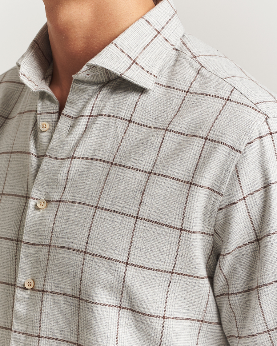 Men | Shirts | Stenströms | Regular Fit Overcheck Flannel Shirt Light Grey