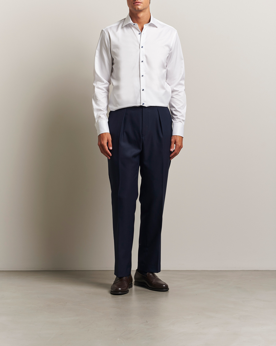 Men | Shirts | Stenströms | Regular Fit Cotton Twill Contrast Shirt White