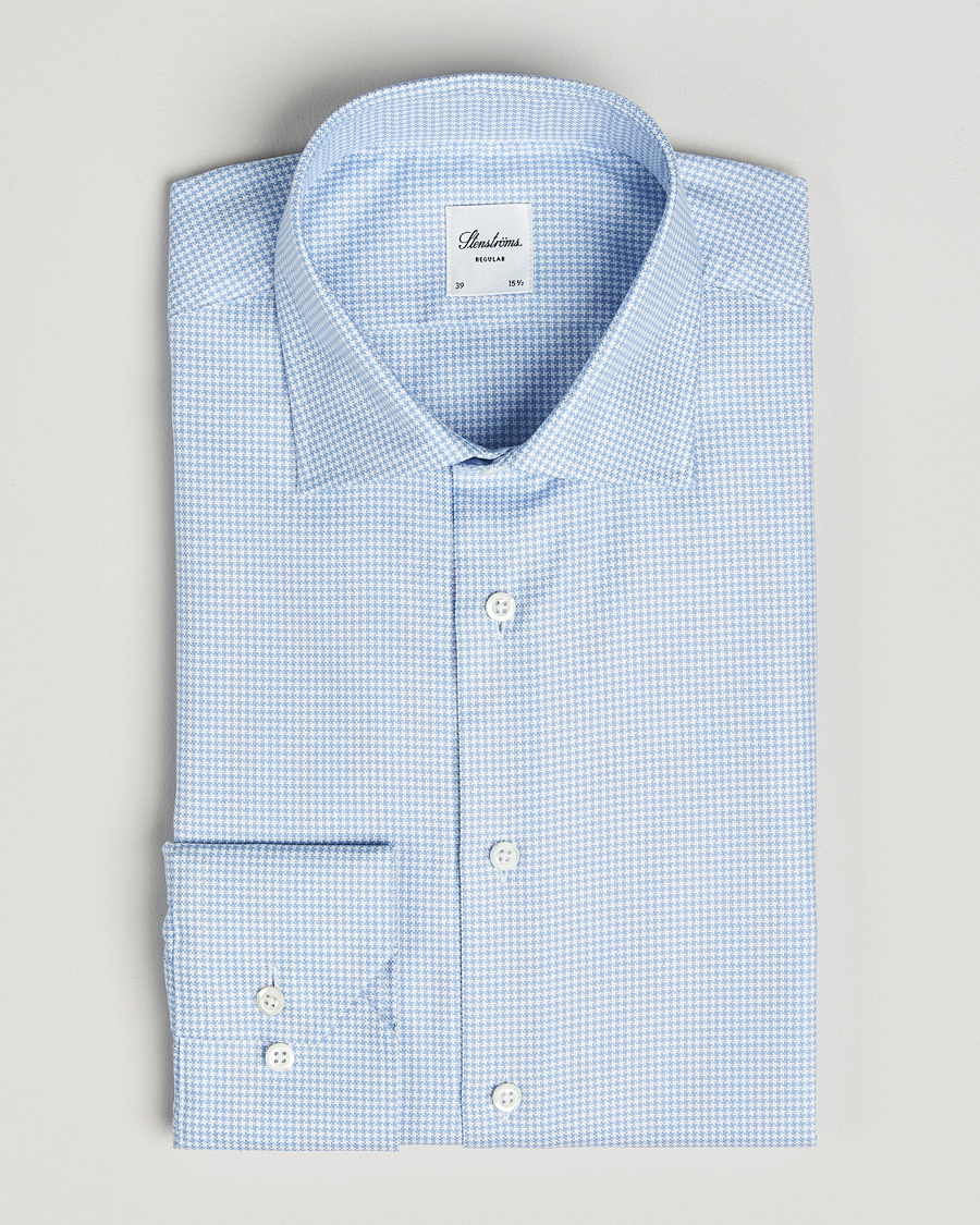 Men | Shirts | Stenströms | Regular Fit Houndstooth Cut Away Shirt Light Blue