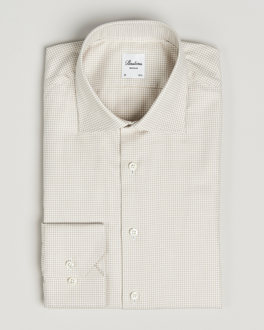 Men | Shirts | Stenströms | Regular Fit Houndstooth Cut Away Shirt Beige