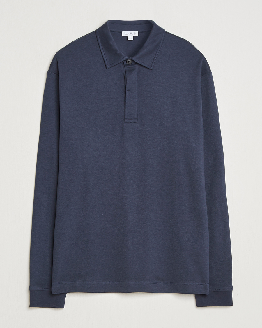 Men | Polo Shirts | Sunspel | Heavy Weight Supima Cotton Long Sleeve Polo Navy