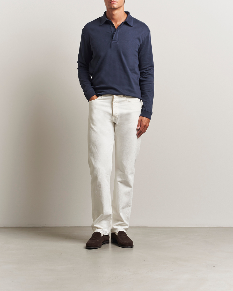 Men | Polo Shirts | Sunspel | Heavy Weight Supima Cotton Long Sleeve Polo Navy