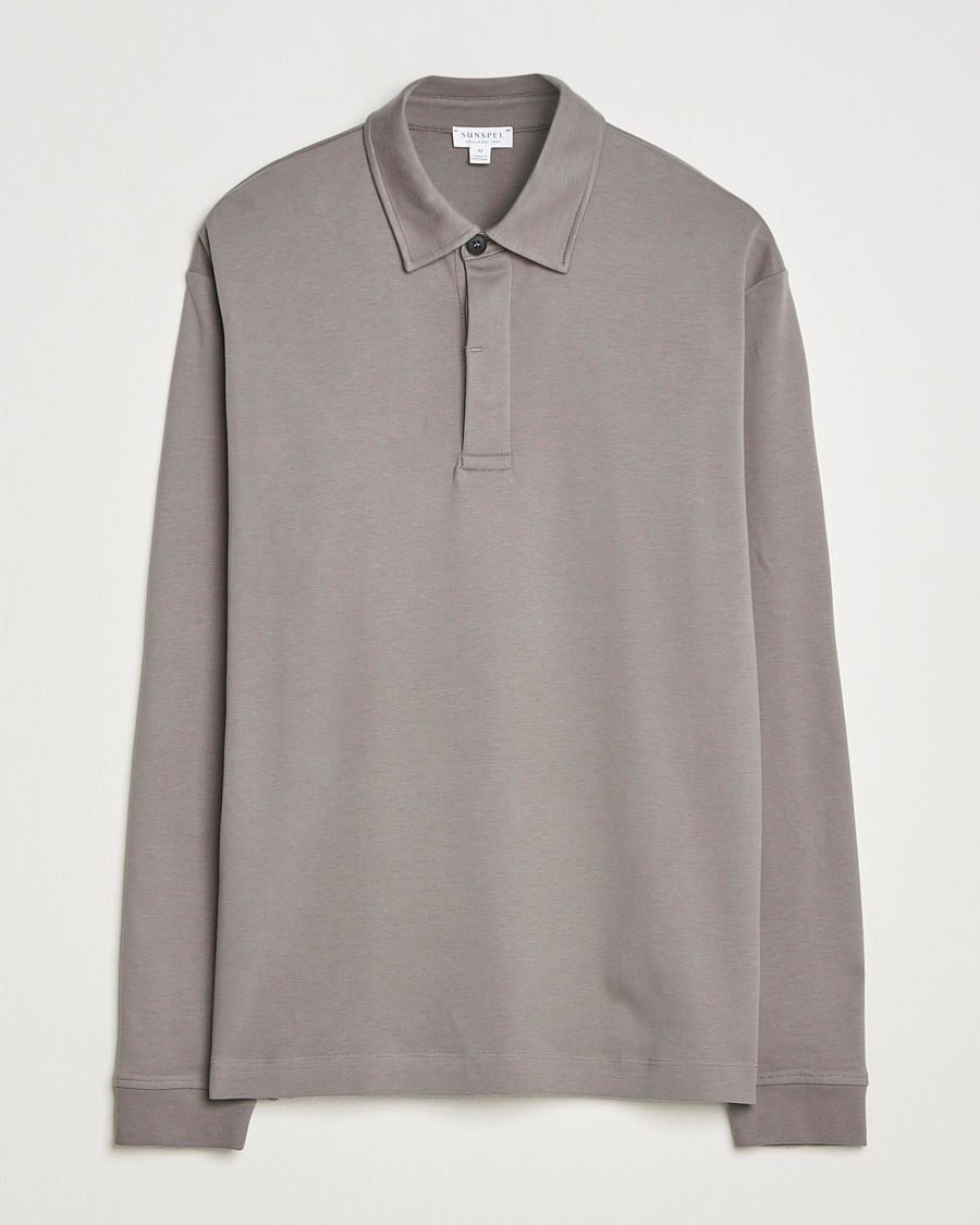 Men | Polo Shirts | Sunspel | Heavy Weight Supima Cotton Long Sleeve Polo Iron Grey