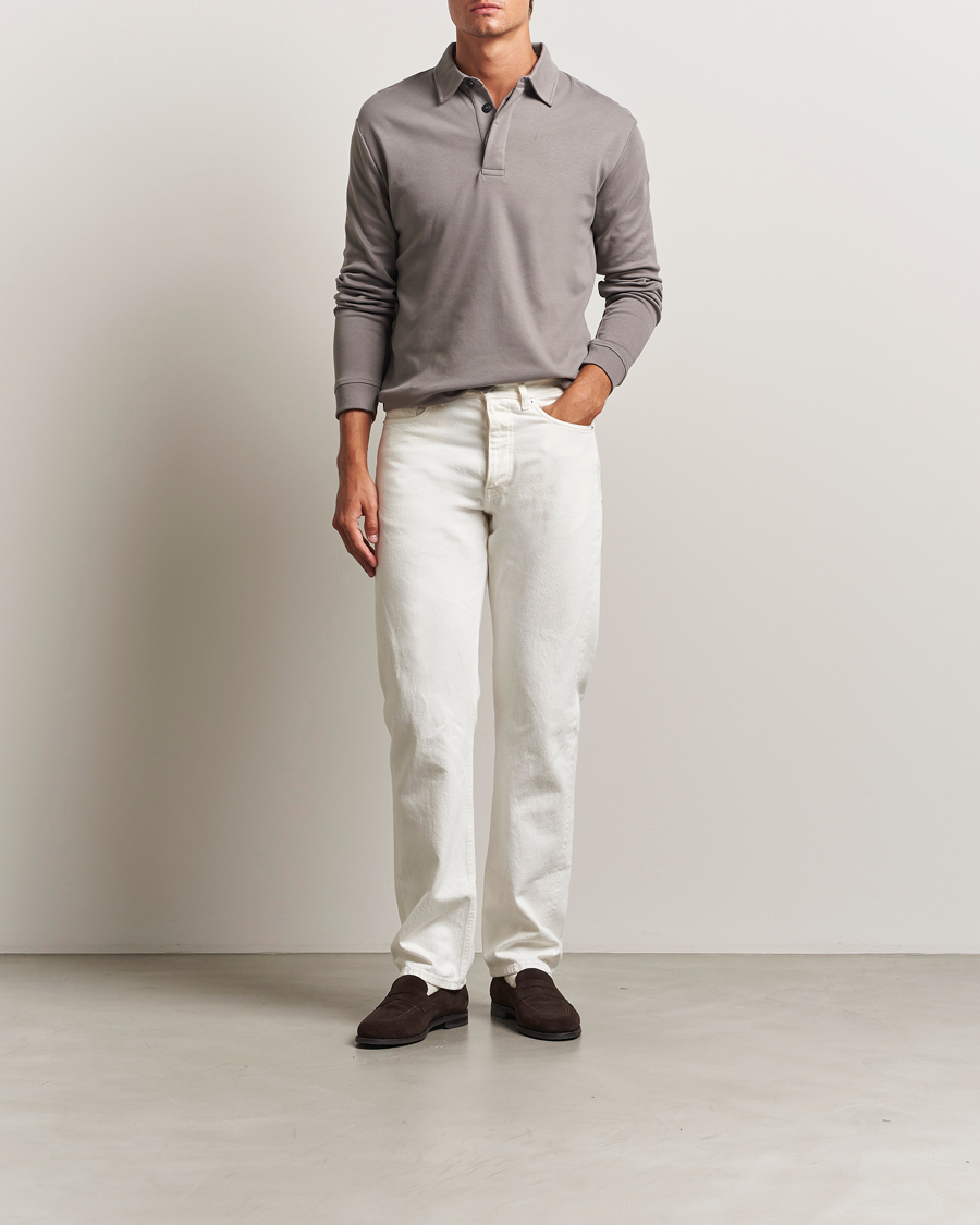 Men | Polo Shirts | Sunspel | Heavy Weight Supima Cotton Long Sleeve Polo Iron Grey