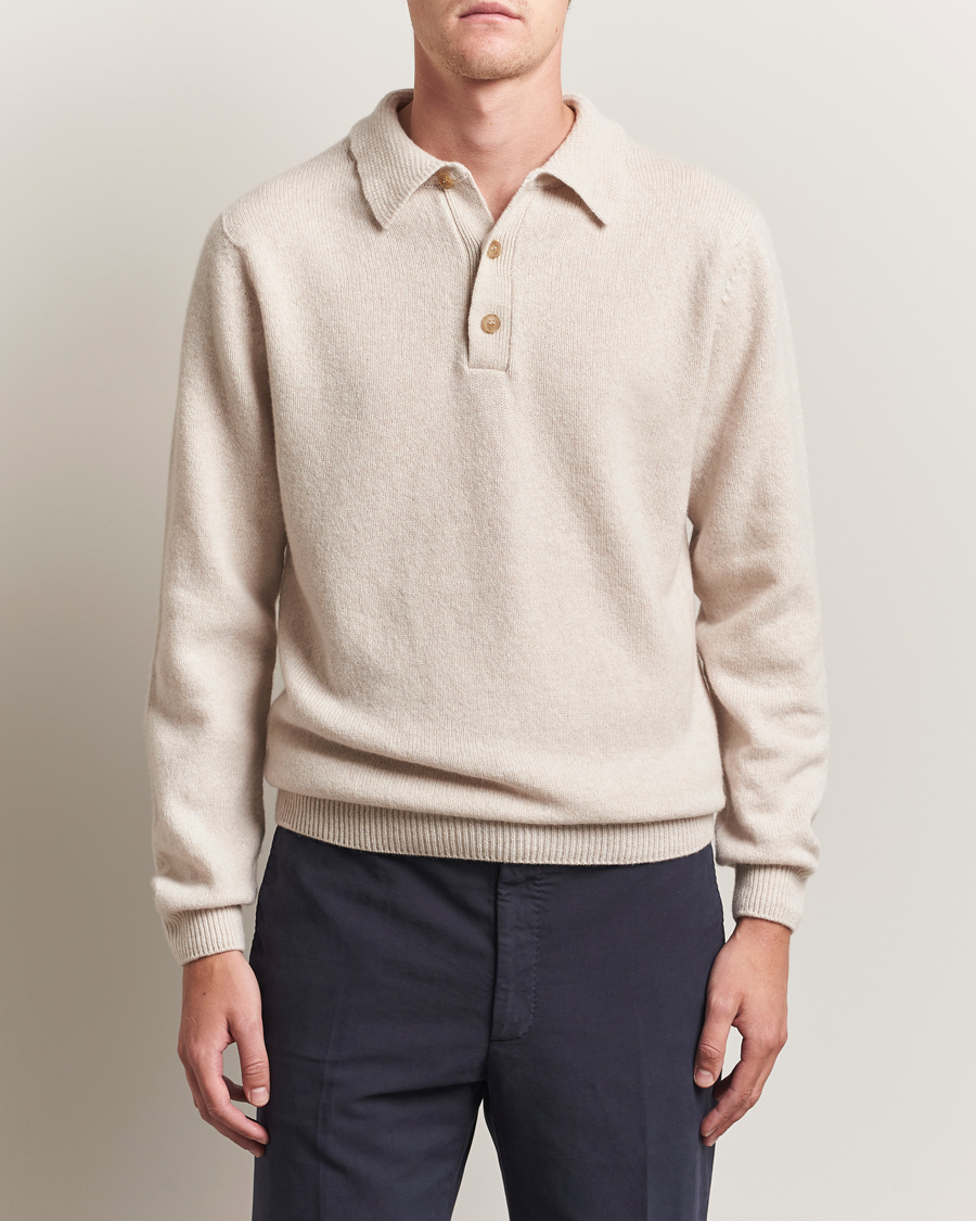 Men | Sweaters & Knitwear | Sunspel | Lambswool Poloshirt Oatmeal Melange