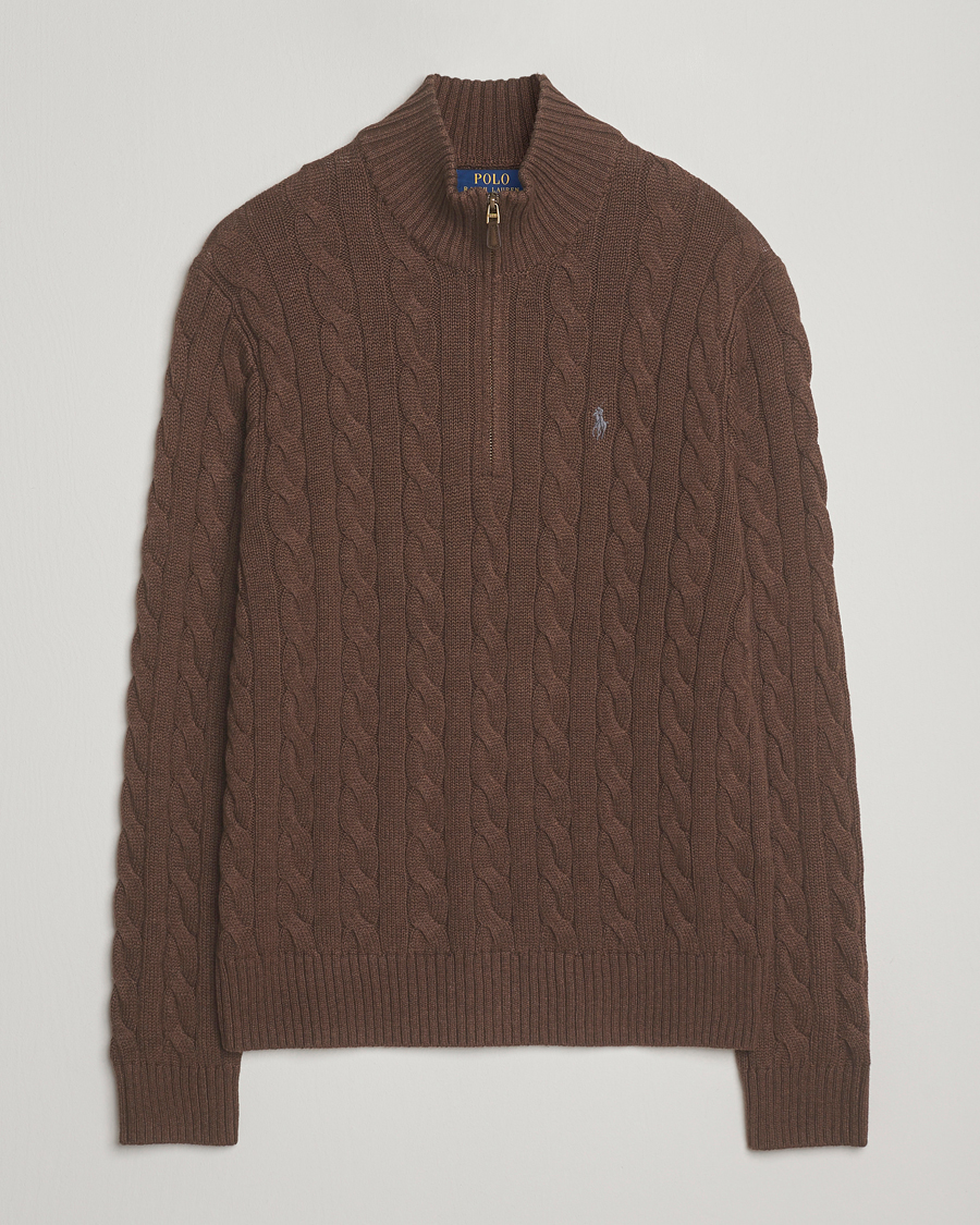 Men | Sweaters & Knitwear | Polo Ralph Lauren | Cotton Cable Half Zip Nutmeg Brown Heather