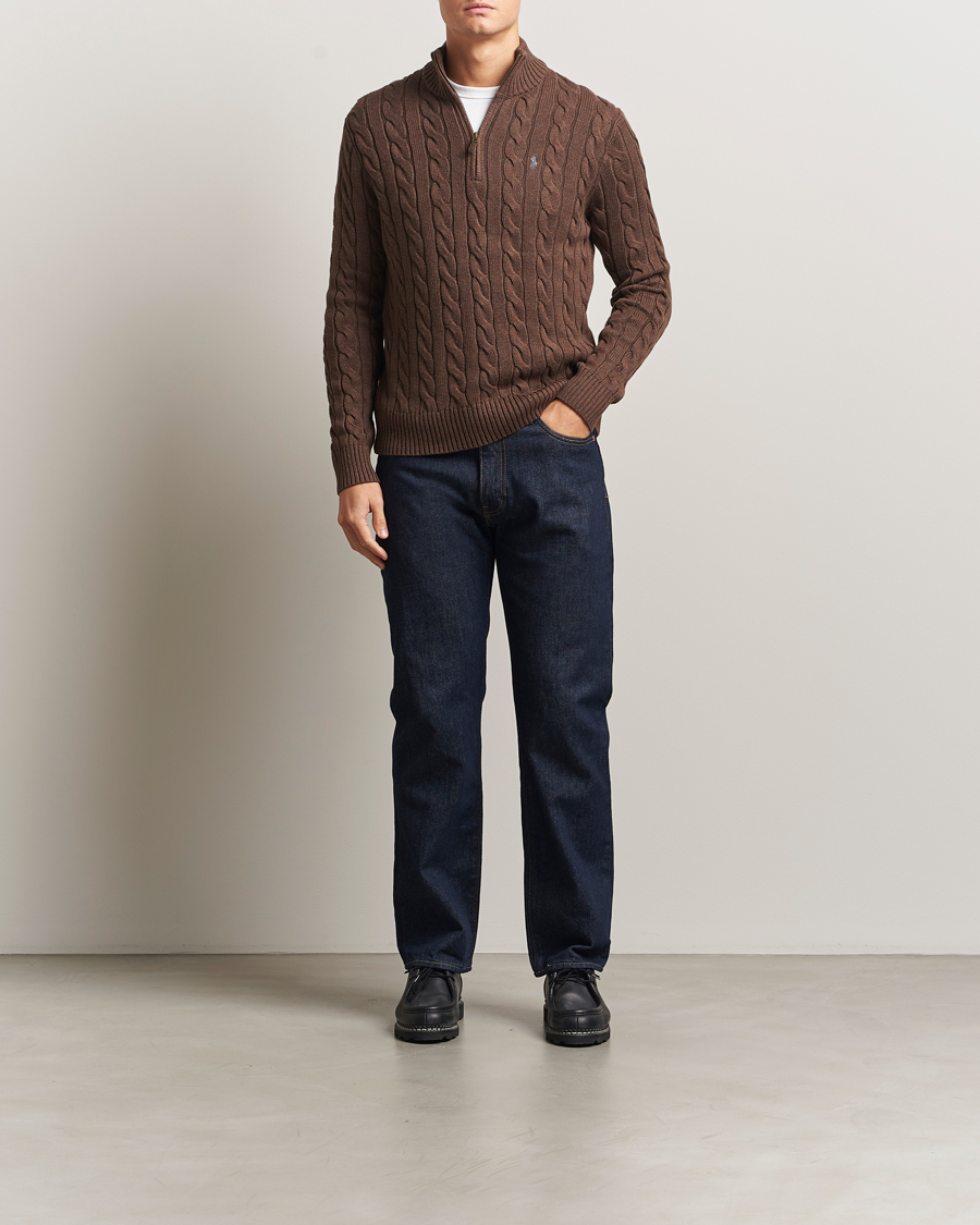 Men | Sweaters & Knitwear | Polo Ralph Lauren | Cotton Cable Half Zip Nutmeg Brown Heather