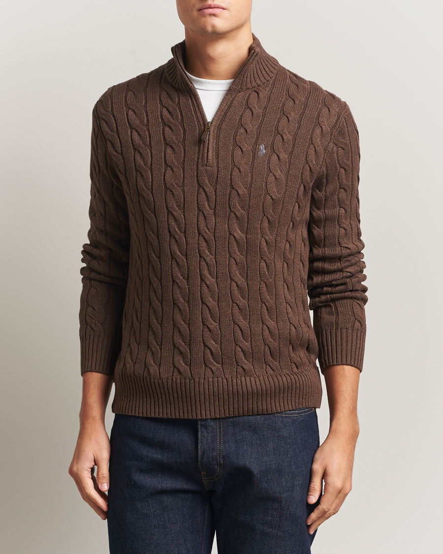 Men | Sweaters & Knitwear | Polo Ralph Lauren | Cotton Cable Half Zip Nutmeg Brown Heather