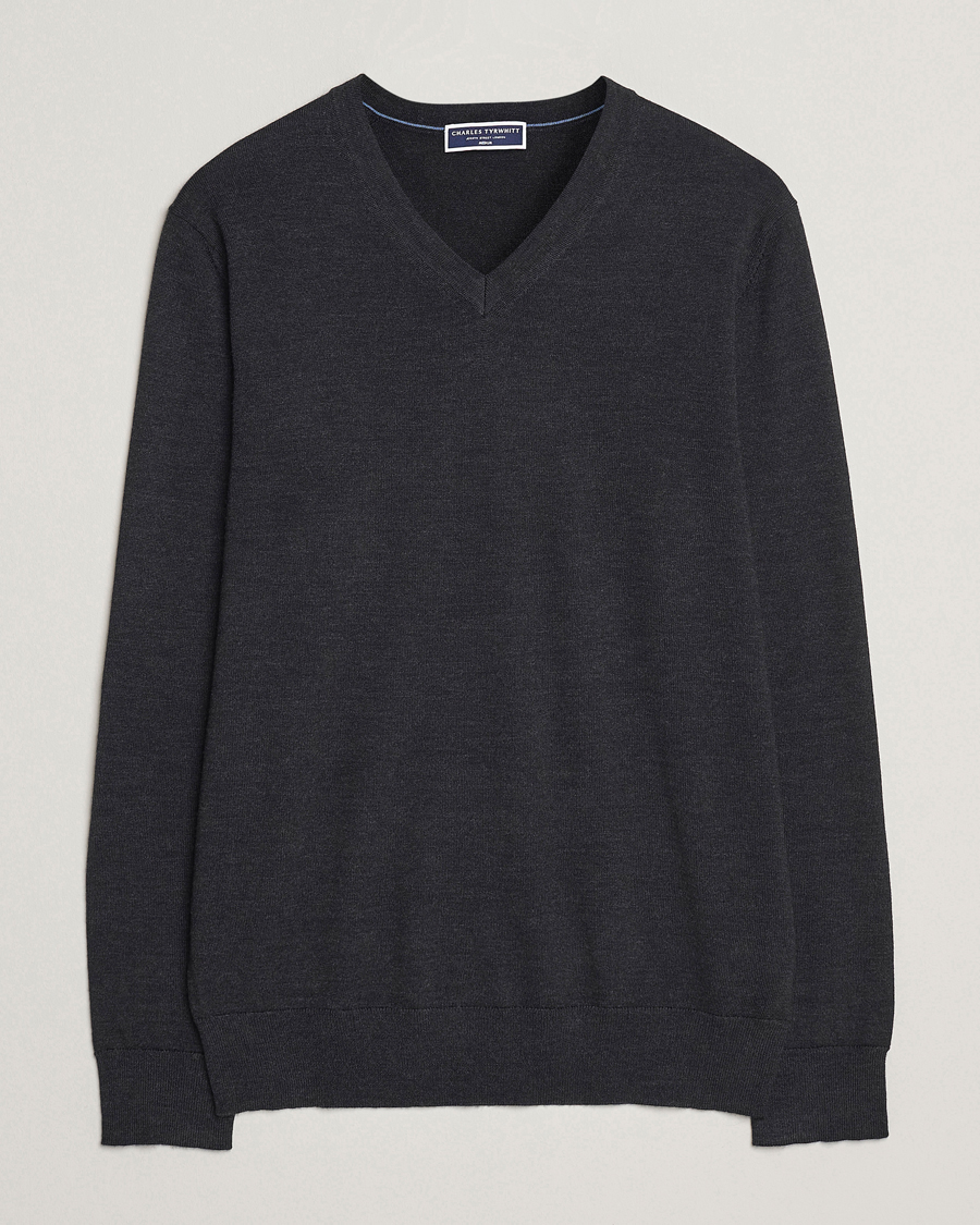 Men | Sweaters & Knitwear | Charles Tyrwhitt | Pure Merino V-Neck Jumper Dark Charcoal