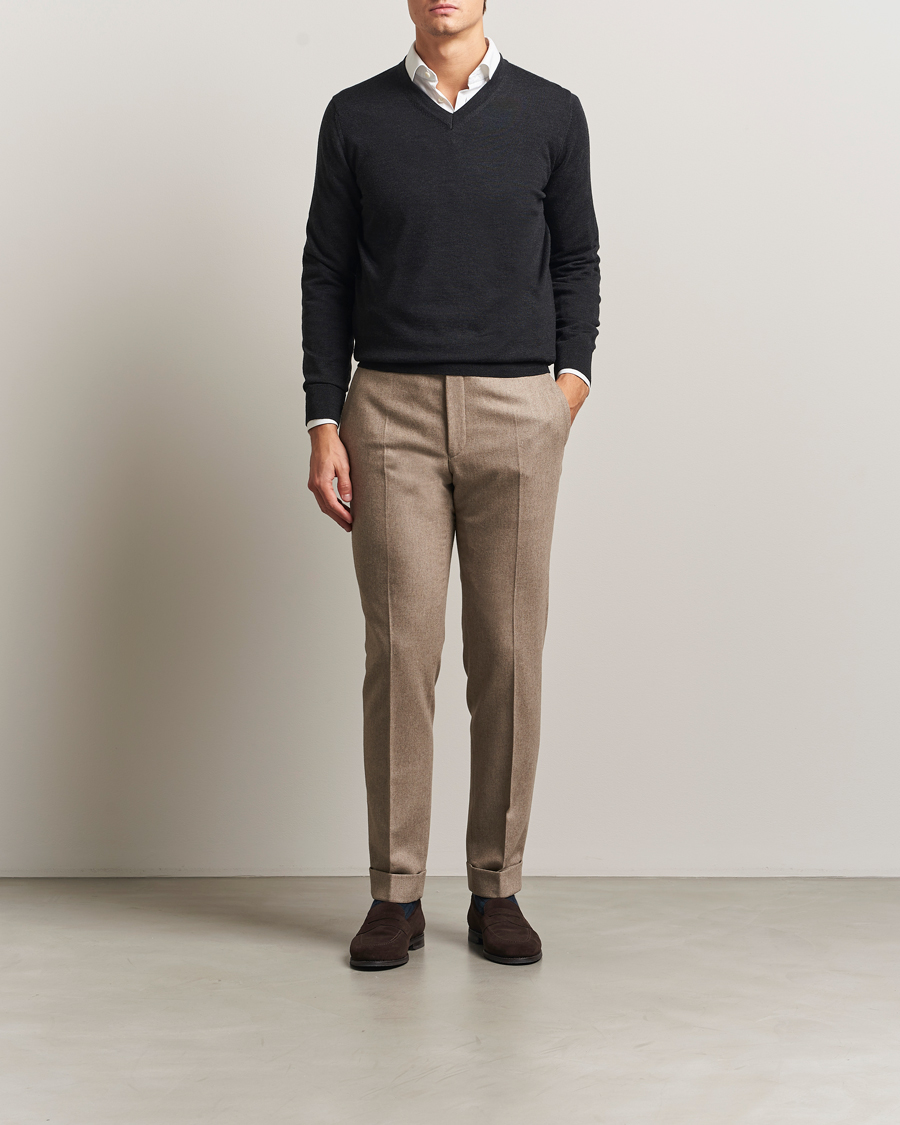 Men | Sweaters & Knitwear | Charles Tyrwhitt | Pure Merino V-Neck Jumper Dark Charcoal