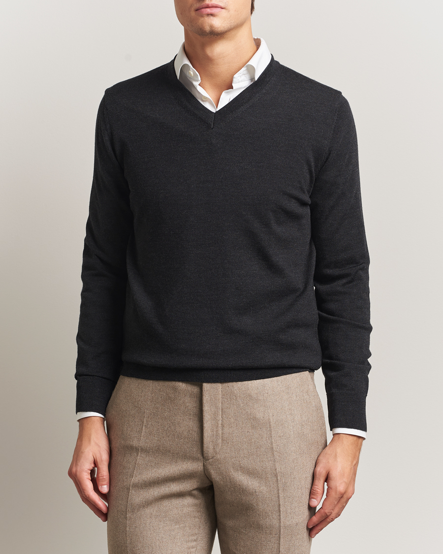 Men | Sweaters & Knitwear | Charles Tyrwhitt | Pure Merino V-Neck Jumper Dark Charcoal