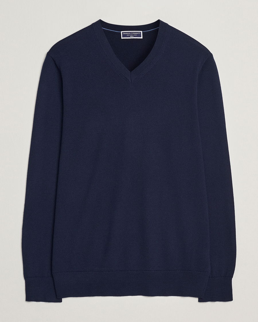 Men | Sweaters & Knitwear | Charles Tyrwhitt | Pure Merino V-Neck Jumper Navy