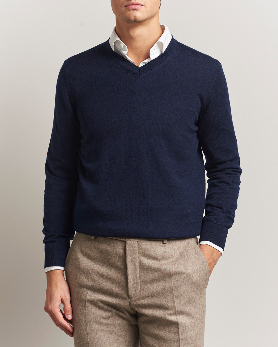 Men | Sweaters & Knitwear | Charles Tyrwhitt | Pure Merino V-Neck Jumper Navy