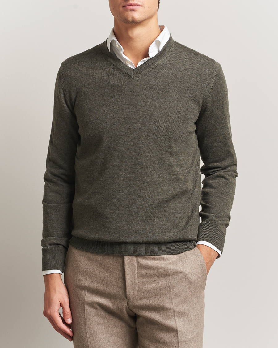 Men | Sweaters & Knitwear | Charles Tyrwhitt | Pure Merino V-Neck Jumper Olive Green