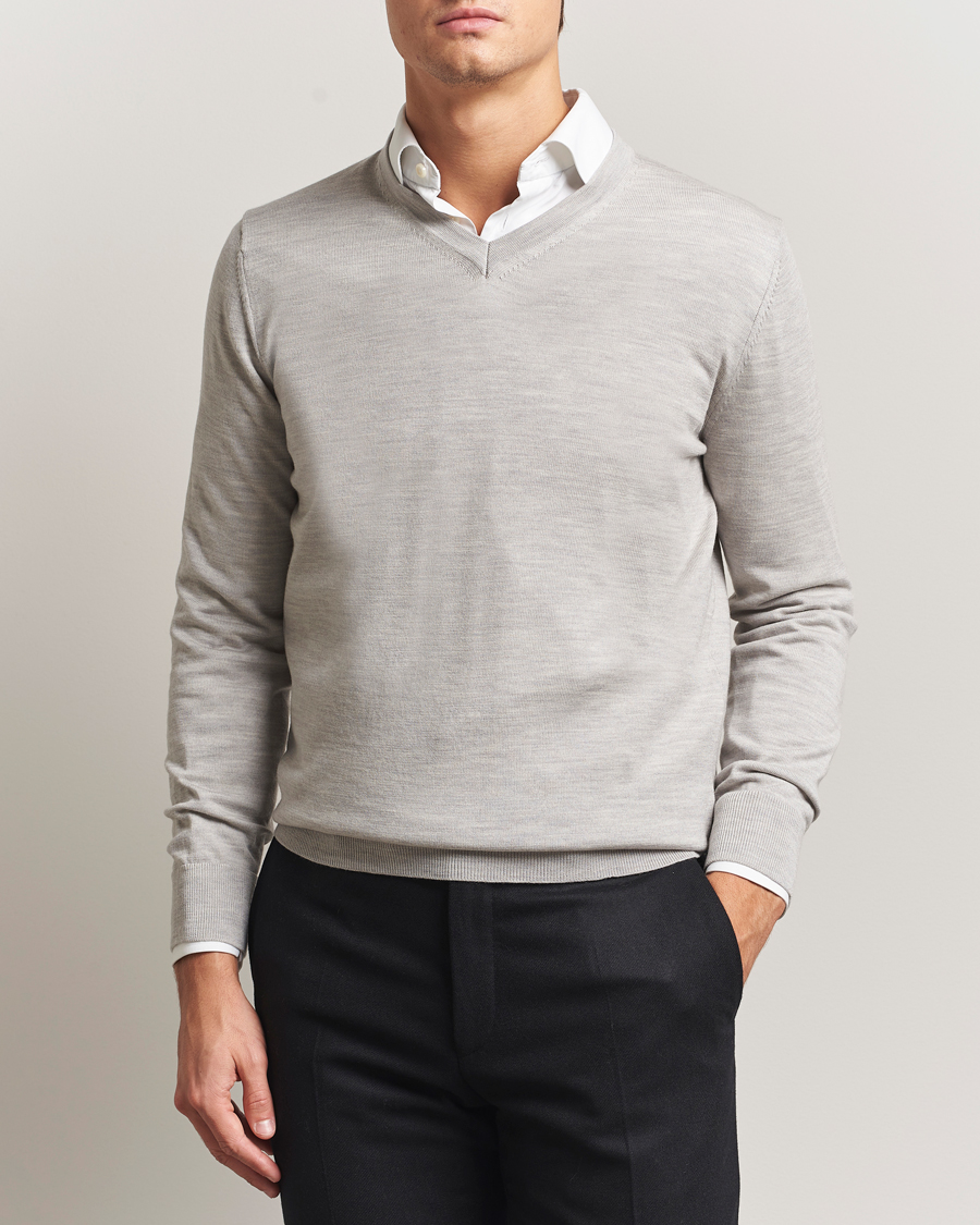 Men | Sweaters & Knitwear | Charles Tyrwhitt | Pure Merino V-Neck Jumper Silver Grey