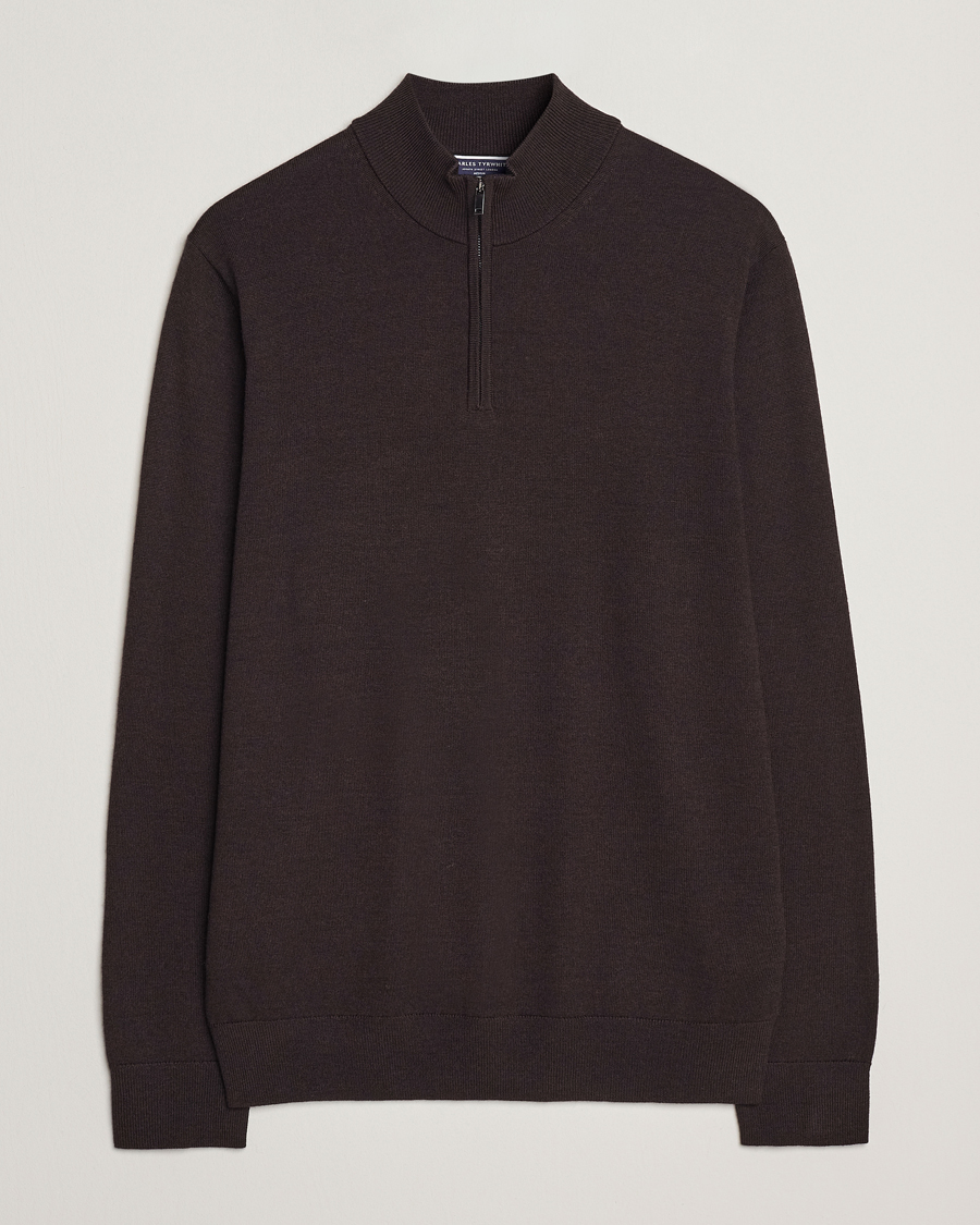 Men | Sweaters & Knitwear | Charles Tyrwhitt | Pure Merino Zip Neck Jumper Chocolate Brown