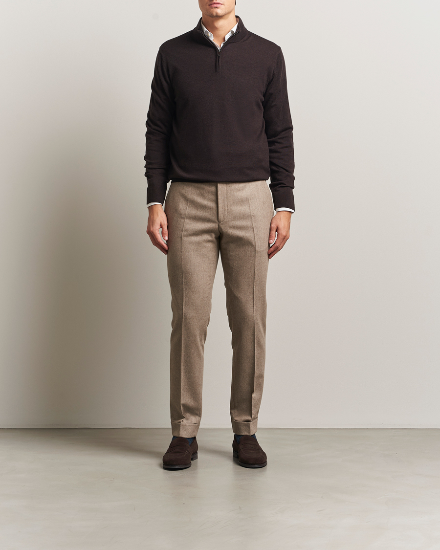 Men | Sweaters & Knitwear | Charles Tyrwhitt | Pure Merino Zip Neck Jumper Chocolate Brown