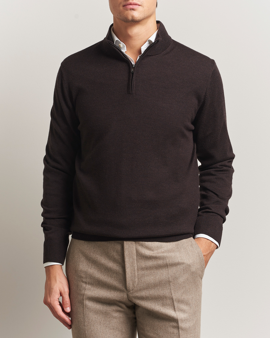 Men | Sweaters & Knitwear | Charles Tyrwhitt | Pure Merino Zip Neck Jumper Chocolate Brown
