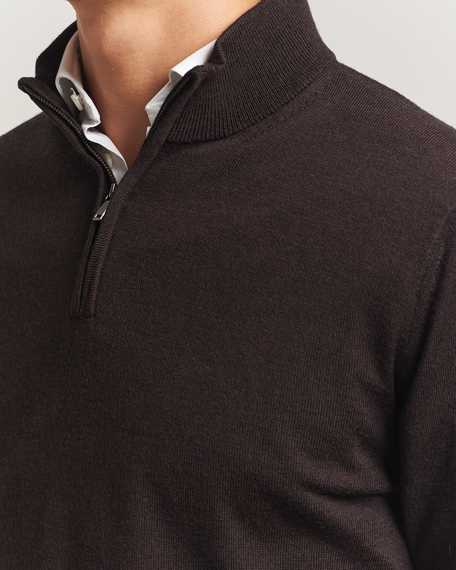Men | Sweaters & Knitwear | Charles Tyrwhitt | Pure Merino Zip Neck Jumper Chocolate Brown