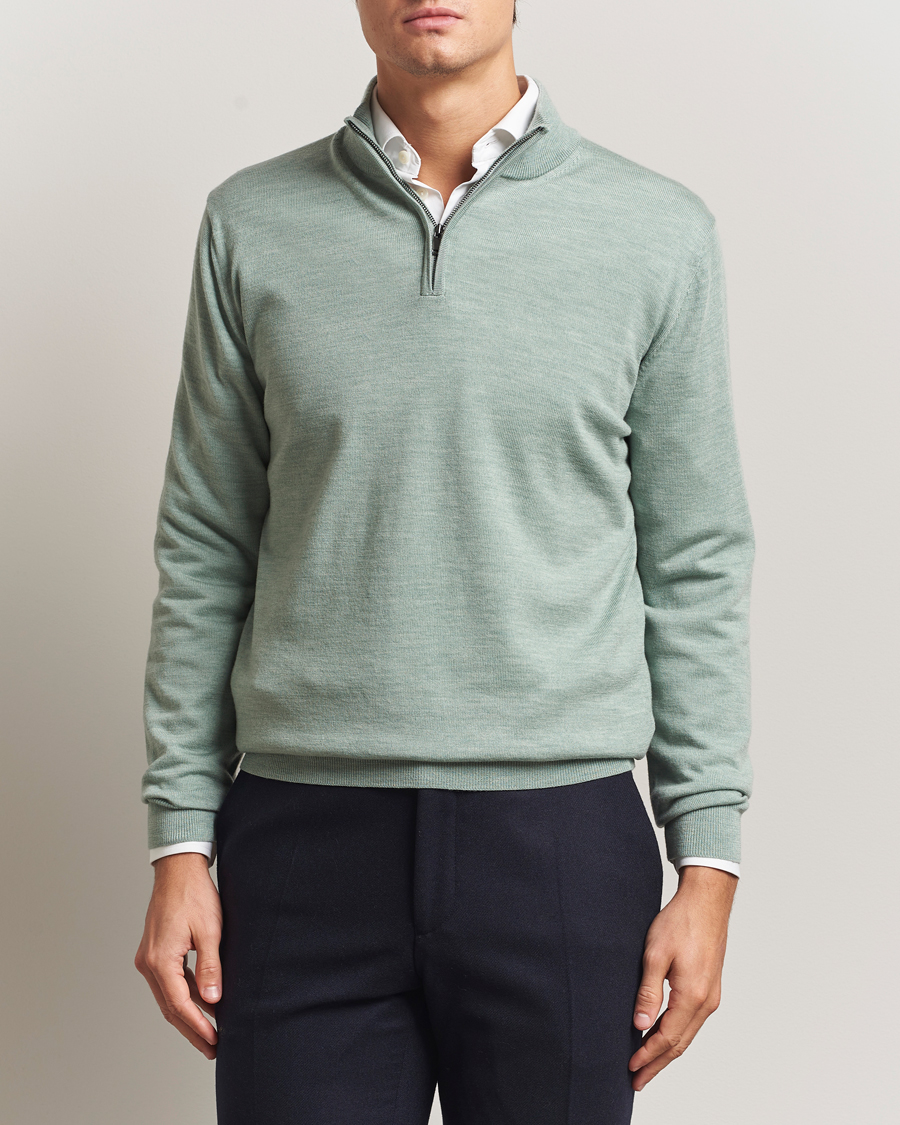 Men | Sweaters & Knitwear | Charles Tyrwhitt | Pure Merino Zip Neck Jumper Pale Teal Green