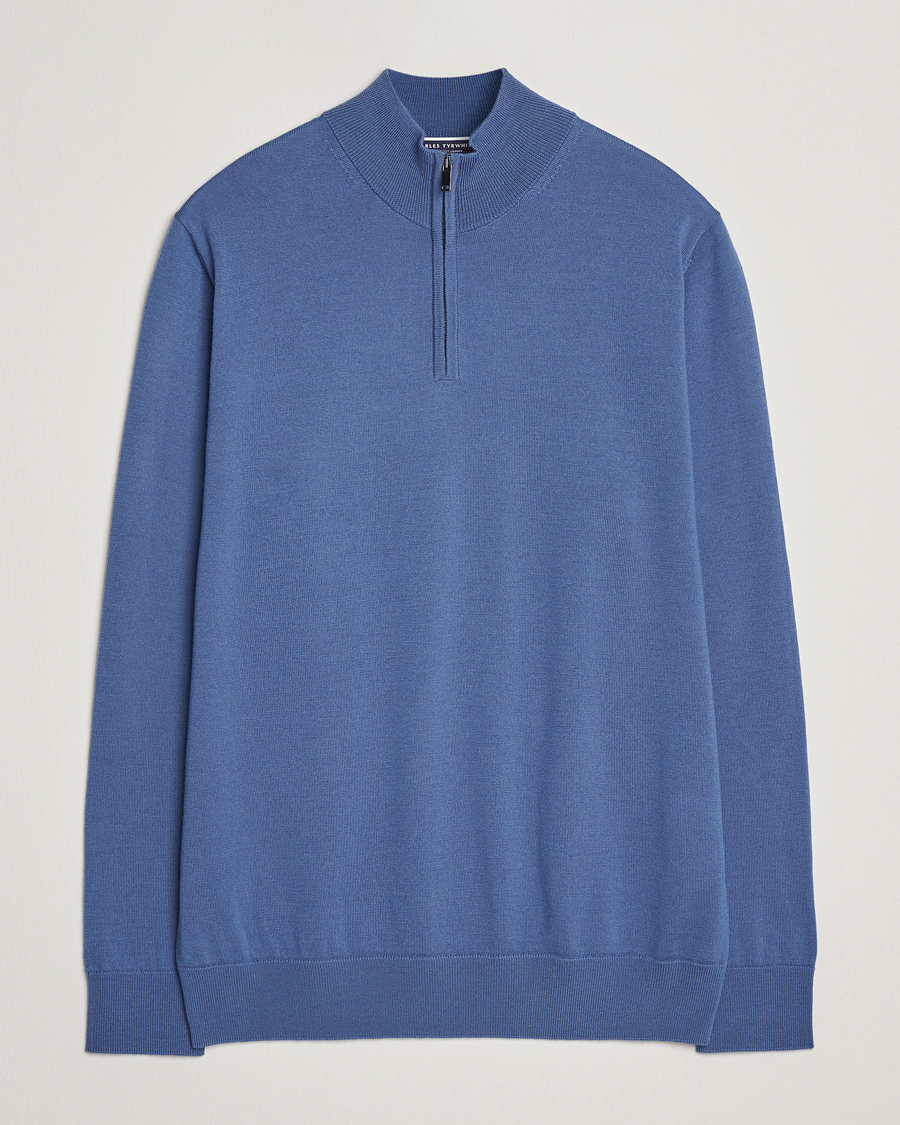 Men | Sweaters & Knitwear | Charles Tyrwhitt | Pure Merino Zip Neck Jumper Steel Blue