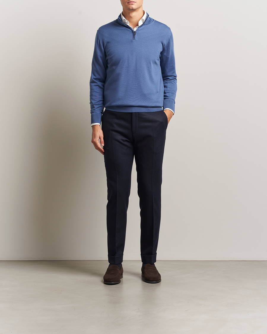 Men | Sweaters & Knitwear | Charles Tyrwhitt | Pure Merino Zip Neck Jumper Steel Blue